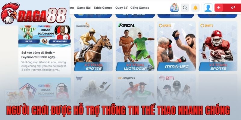 Người chơi được hỗ trợ thông tin thể thao nhanh chóng